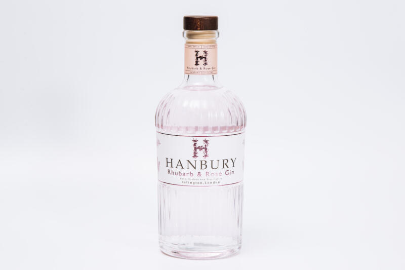 70cl bottle of Hanbury Rhubarb and Rose Gin on a white background.