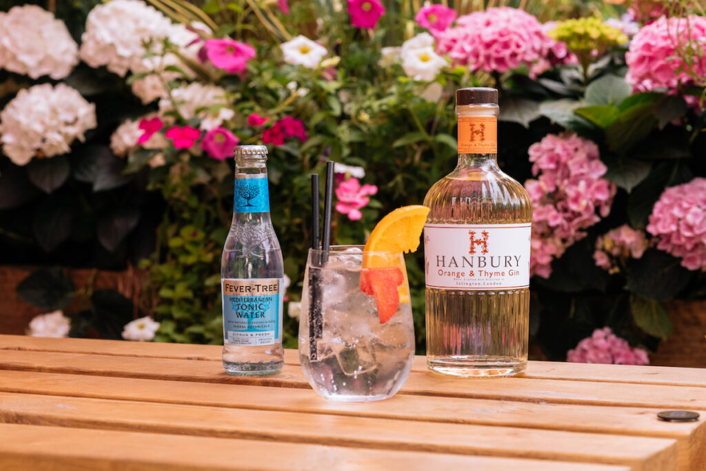 Hanbury Orange and Thyme Gin in a summer garden setting.