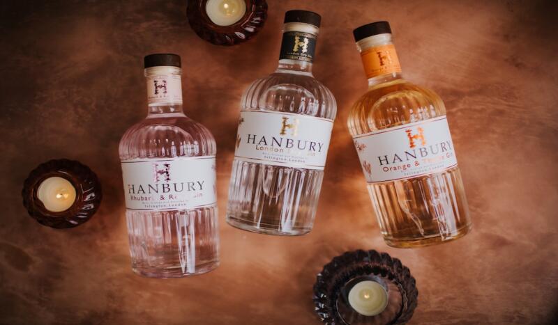 Flatlay image featuring bottles of Hanbury Rhubarb and Rose, Orange & Thyme, and London Dry Gin